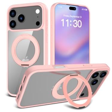 Imagem de BSHITWO Capa para iPhone 17 Pro Max, MagSafe compatível com suporte de anel giratório de 360°, dissipação de calor ultrafina, moldura preta transparente à prova de choque (rosa)
