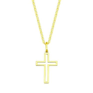 Imagem de Corrente Cordão Piastrine 70cm Pingente Cruz Crucifixo De Ouro 18k Mas