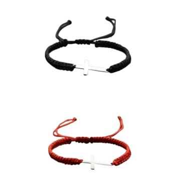 Imagem de Pingyongchang 2 peças feitas à mão cruz nó da sorte ajustável vermelho preto cordão proteção pulseira cristã boho amuleto pulseira de corda para mulheres meninas homens casal joias presente de
