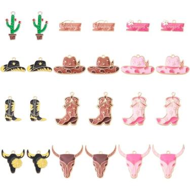 Imagem de 24 peças de pingentes esmaltados de liga com tema de caubói ocidental, banhado a ouro claro, boémia, cabeça de gado, pingentes para fazer joias, pulseira, colar, brincos, chaveiro, cores mistas