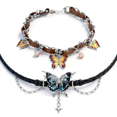 Imagem de 2 unidades/1 conjunto de gargantilha feminina Y2K com borla de borboleta, ajustável, 21 a 40 cm, gola punk retrô doce e legal, joia moderna para uso diário, boate, bar e ocasiões íntimas, 8.27-19.69