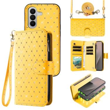Imagem de Asuwish Capa carteira compatível com Samsung Galaxy Z Fold 7 com zíper e alça transversal com glitter flip porta-cartões para ZFold Z7 G Fold7 7Z mulheres meninas amarelo
