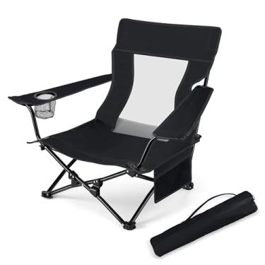 Imagem de HaSteeL Cadeira de praia dobrável, cadeiras de acampamento pretas dobráveis para uso externo, cadeira de praia baixa portátil para adultos, pesca, piquenique, churrasco ao ar livre, viagens, esportes