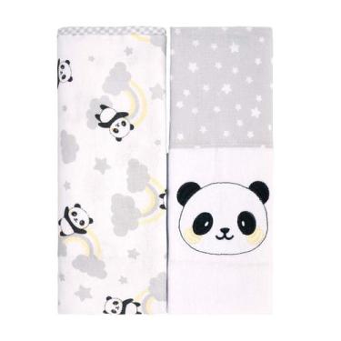 Imagem de Manta Flanelada Estampada para Bebê 79 cm x 80 cm Bublim, Panda Cinza