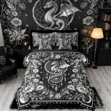 Imagem de Erosebridal Conjunto de edredom gótico de 7 peças para cama de casal | Jogo de cama com dragão apanhador de sonhos, animais antigos, apanhadores de sonhos, galáxia, vintage, floral, preto, decoração