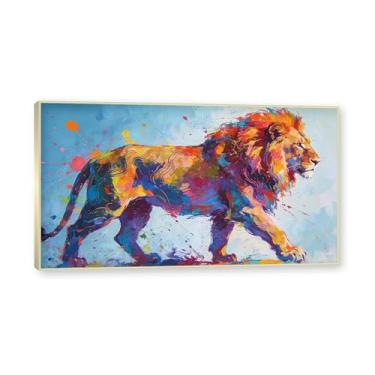 Imagem de NHLDZYH Moldura dourada. Pintura salpicada de leão pintura em tela abstrata arte animal mural vívido chama a atenção para sala de estar decoração moderna para casa. A106. 40 x 72 cm.