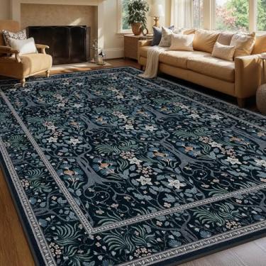 Imagem de Joydeco Tapetes florais para sala de estar 22 x 30 cm, azul-preto