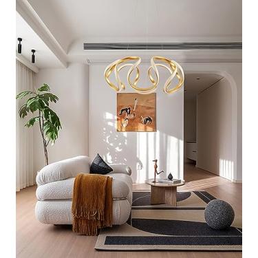 Imagem de Luminária pendente LED para mesa de jantar, com intensidade regulável, giratória e com controle remoto. Lustre de design em alumínio dourado com altura ajustável (Dourado, 48 cm de comprimen