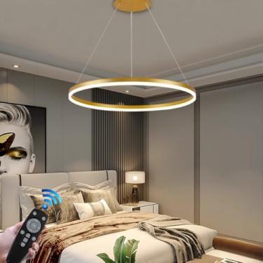 Imagem de Luminária pendente moderna de LED, lustre de mesa redondo com 1 anel, dimerizável, em alumínio, embutida com controle remoto, ideal para sala de estar, sala de jantar, quarto, bar, escritóri
