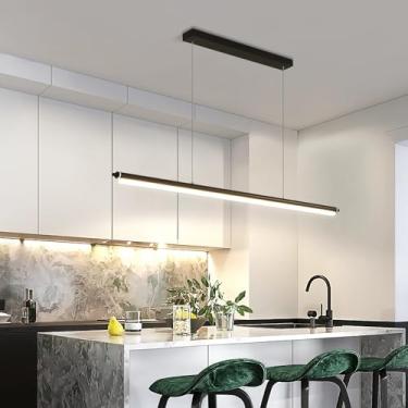 Imagem de Lustre LED Pendente Branco Quente 3000K Linear para Cozinha, Ilha ou Mesa de Jantar - Moderno para Sala de Jantar, Sala de Estar, Bar ou Escritório - Cúpula Branca com Altura Ajustável (Pret