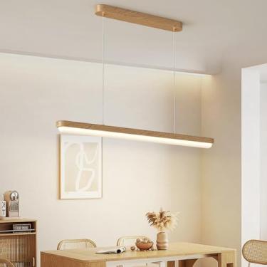 Imagem de Lustre LED para restaurante, luminária pendente dimerizável de espectro total, luminária de teto original em madeira com design de vento, luminária suspensa para mesa de jantar, altura ajust