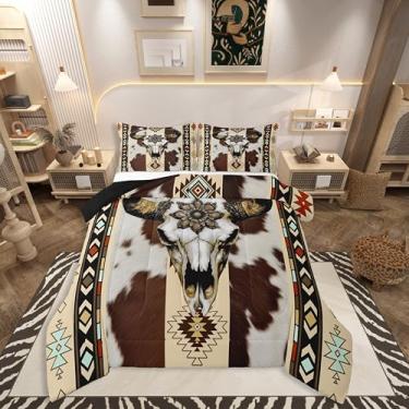 Imagem de jejeloiu Jogo de cama queen de couro bovino, asteca ocidental, caveira, touro, marrom, estampa de pele de vaca, edredom para quarto de crianças, meninos, meninas, tribal, microfibra ultramacia e