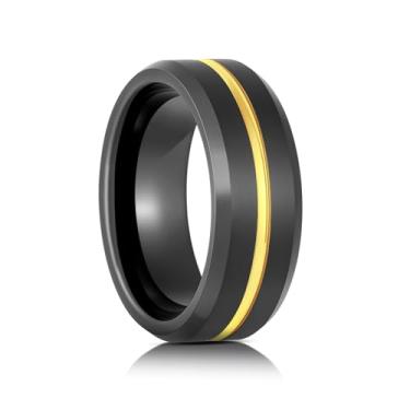Imagem de SATAER Anéis de tungstênio para alianças de casamento masculinas preto fosco ouro escovado e ranhurado azul central confortável tamanho 6-16, Carboneto de tungstênio, Sem pedra preciosa
