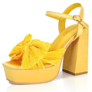 Imagem de KHPAERMEI Salto plataforma com nó de laço para mulheres, moderno, bico aberto, salto grosso, tira no tornozelo, vestido de festa de casamento, salto alto, Amarelo, 35