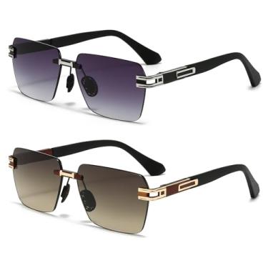 Imagem de SUNGAIT Óculos de sol retangulares sem aro quadrados sem moldura para homens e mulheres Y2K proteção UV vintage, 2026 gradiente prateado/cinza e dourado/marrom dégradé, 0