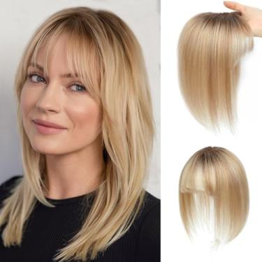 Imagem de GULALUUK Toppers de cabelo para mulheres cabelo humano real com franja 25,4 cm upgrade base de renda suíça toppers apliques de cabelo com desbaste para uso diário (loiro claro)