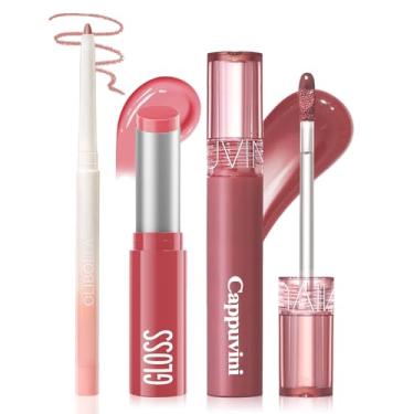Imagem de Conjunto de 3 peças para lábios: lápis delineador labial fosco + protetor labial hidratante + brilho labial suculento, não pegajoso, de longa duração, kit de maquiagem labial com alto pigmento