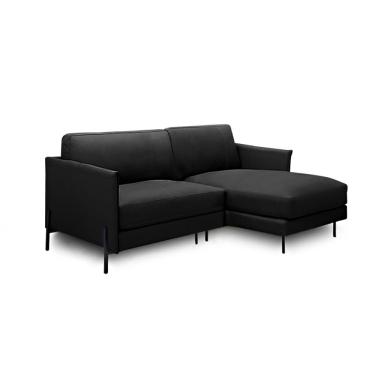 Imagem de Sofá Decorativo Karine 3 Lugares Sala de estar 230cm com Chaise Pés em Aço Couro Preto G88 - Gran Belo