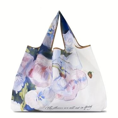 Imagem de Sacola reutilizável de grande capacidade, design chique de pintura a óleo, dobrável, bolsa de compras de nylon lavável para mulheres, bolsa de ginástica com alça de pulso, perfeita para supermercado