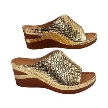 Imagem de Sandálias De Plataforma Com Padrão De Cobra Dourada Para Mulheres, Lev