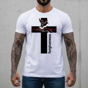 Imagem de Camisas Masculinas Branca Personalizadas Cruz Forgiveness Slim Fit Est