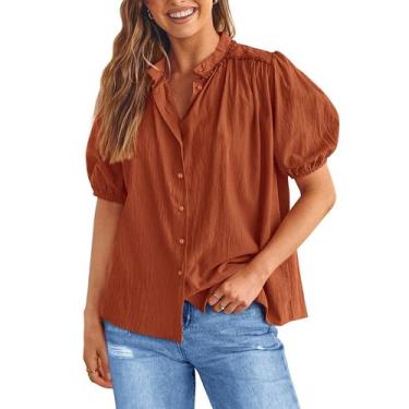 Imagem de Camisa Feminina PRETTYGARDEN Vermelho Tijolo com Botões, Decote V, Tam