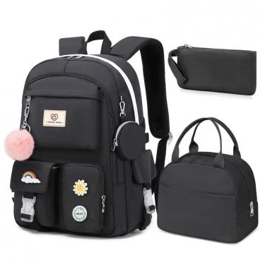Imagem de Mochila escolar Fitvc juvenil feminina preta, conjunto 6 peças com lancheira, estojo, bolsa de moeda e pins decorativos