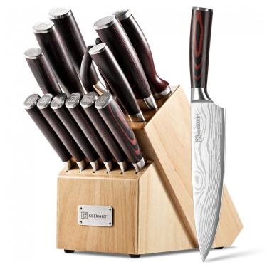 Imagem de Conjunto de Facas de Cozinha KEEMAKE 14 Peças com Bloco em Madeira Pakkawood e Afiador