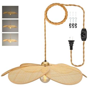 Imagem de BAMWUAN Luminária Pendente de Bambu com Abajur de Rattan Estilo Flor 61cm Dimerizável para Sala, Cozinha e Quarto