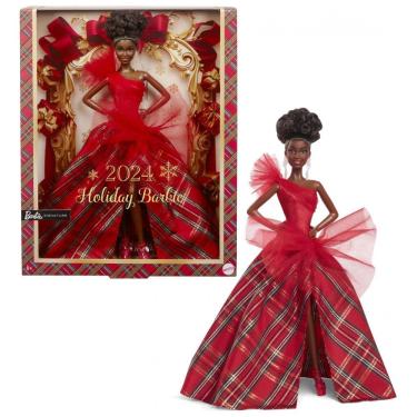 Imagem de Boneca Barbie Signature Holiday 2024 com vestido xadrez e cabelo castanho preso em coque