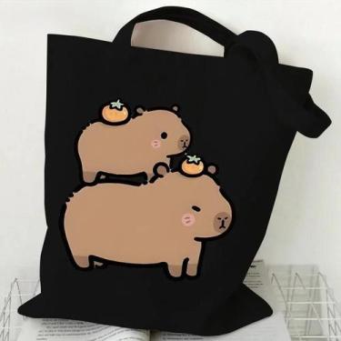 Imagem de Bolsa de Ombro Feminina de Lona com Estampa de Capivara Pizza - Grande