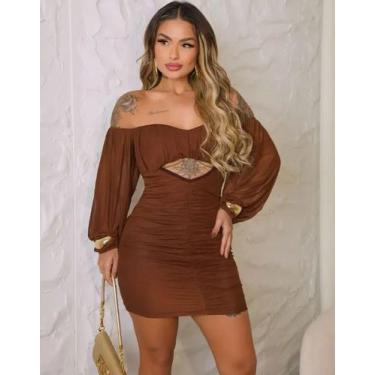 Imagem de Vestido Curto Ombro A Ombro Manga Longa Decote Coração Cor:MarromTaman