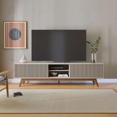 Imagem de Rack para TV Fortaleza 75" 218CM MDF e MDP com Portas Ripadas e Nicho Central Off White
