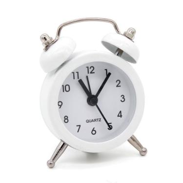 Imagem de Relógio Despertador de Mesa OEM Mini Analógico Pequeno Redondo com Alarme Bip a Bateria LR44 Branco