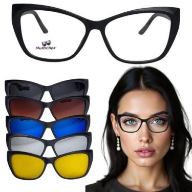 Imagem de Armação Óculos Feminino Multiclips +kit Com 5 Lentes Clip On, Preto