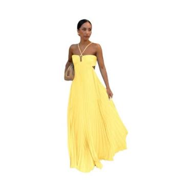 Imagem de Vestido Longo Plissado Elegante Sem Costas Feminino Para O Verão, Moda