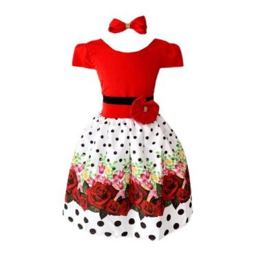 Imagem de Vestido Infantil Floral Vermelho E Branco C/ Rosas E Poa - Bento E Mar
