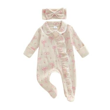Imagem de Outfit Romper Footies Waffle Bow Zip Up Macacão para menina - allshope