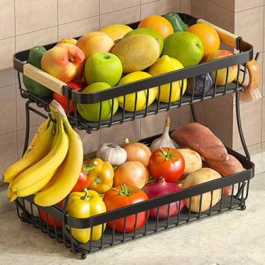Imagem de Cesta de Frutas Metálica Grande de 2 Níveis Sevenblue com Suporte para