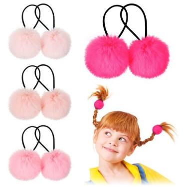 Imagem de Laços de cabelo Juexica Pom Pom Fluffy Elastic Girls 8 peças rosa