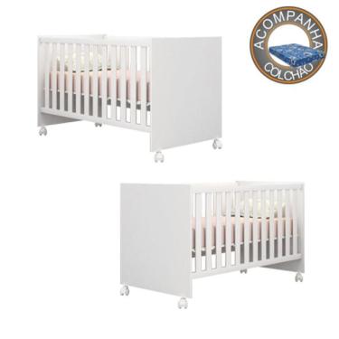 Imagem de Kit Berços Gemeos 2 em 1 Americano Com Rodízios Linha Doce Sonho Com Colchão 130x70 cm Baby Physical Qmovi Ortobom