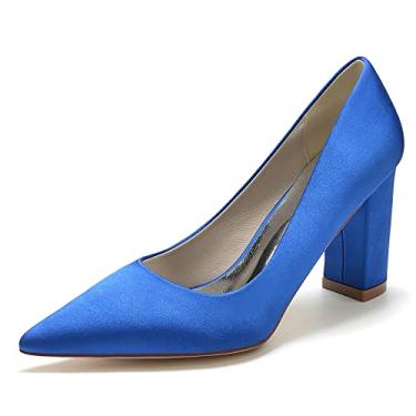 Imagem de Sapatos de noiva femininos bico fino grosso salto alto marfim de cetim sapatos sapatos sociais 36-43,Blue,4 UK/37 EU