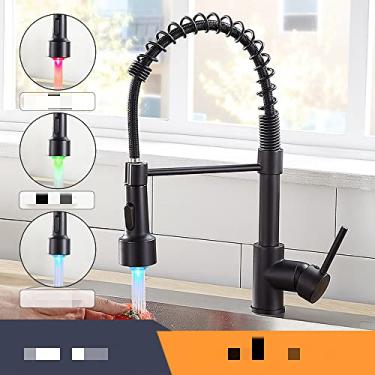 Imagem de Torneiras de cozinha escova torneiras de bronze para pia de cozinha de alavanca única bica de mola misturadores torneira de água quente e fria guindaste, com led preto, china