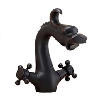 Imagem de LIDON Torneira de banheiro de latão antigo torneira de banheiro de latão antigo 1 furo torneira de alavanca dupla torneira de pia de banheiro latão antigo latão torneira de pia de um furo, preto B (cor: preto A)