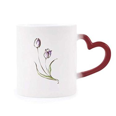 Imagem de Caneca de flor roxa tulipa verde sensível ao calor Caneca vermelha muda de cor grés