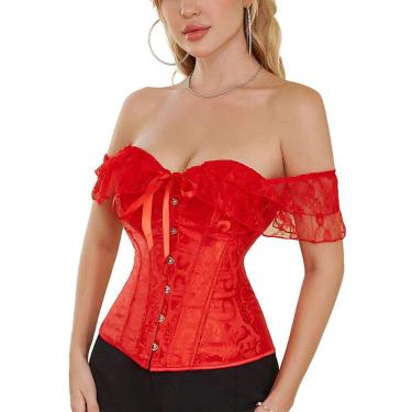 Imagem de Corset Corselet Blusa Modeladora Manga Curta Renda Floral Linha Casual Vermelho M696