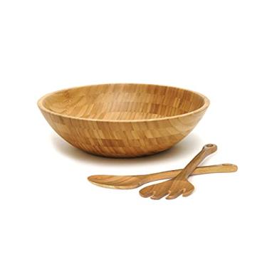 Imagem de Lipper International Tigela de salada de madeira de bambu com 2 utensílios para servir, grande, 35,5 cm de diâmetro x 10 cm de altura, conjunto de 3 peças