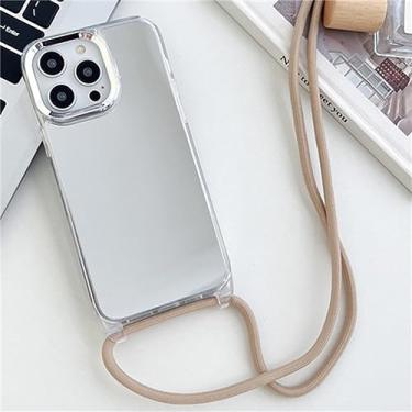 Imagem de Correia Cordão Corrente Colar Fita Estojo De Telefone Para iPhone 14 13 12 11 Pro Max 14Plus Espelho Acrílico À Prova De Choque Tampa Traseira TPU, cáqui, Para iPhone 14 ProMax