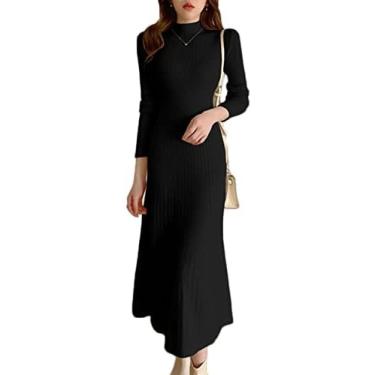 Imagem de Vestido Suéter Feminino Com Gola Alta Manga Comprida Canelado Elegante Slim Fit Tricotado Vestido Lápis Longo,Preto,M,Pleasant63