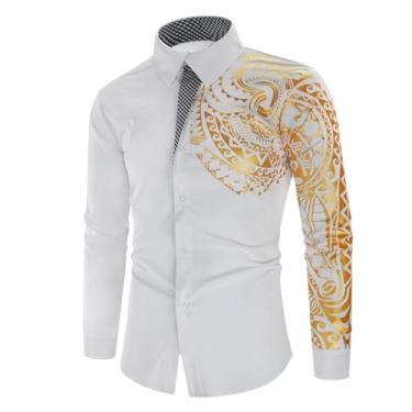 Imagem de ZMIN Camisas masculinas de outono/inverno com estampa de totem estampado dourado camisas finas de manga comprida, Branco, G